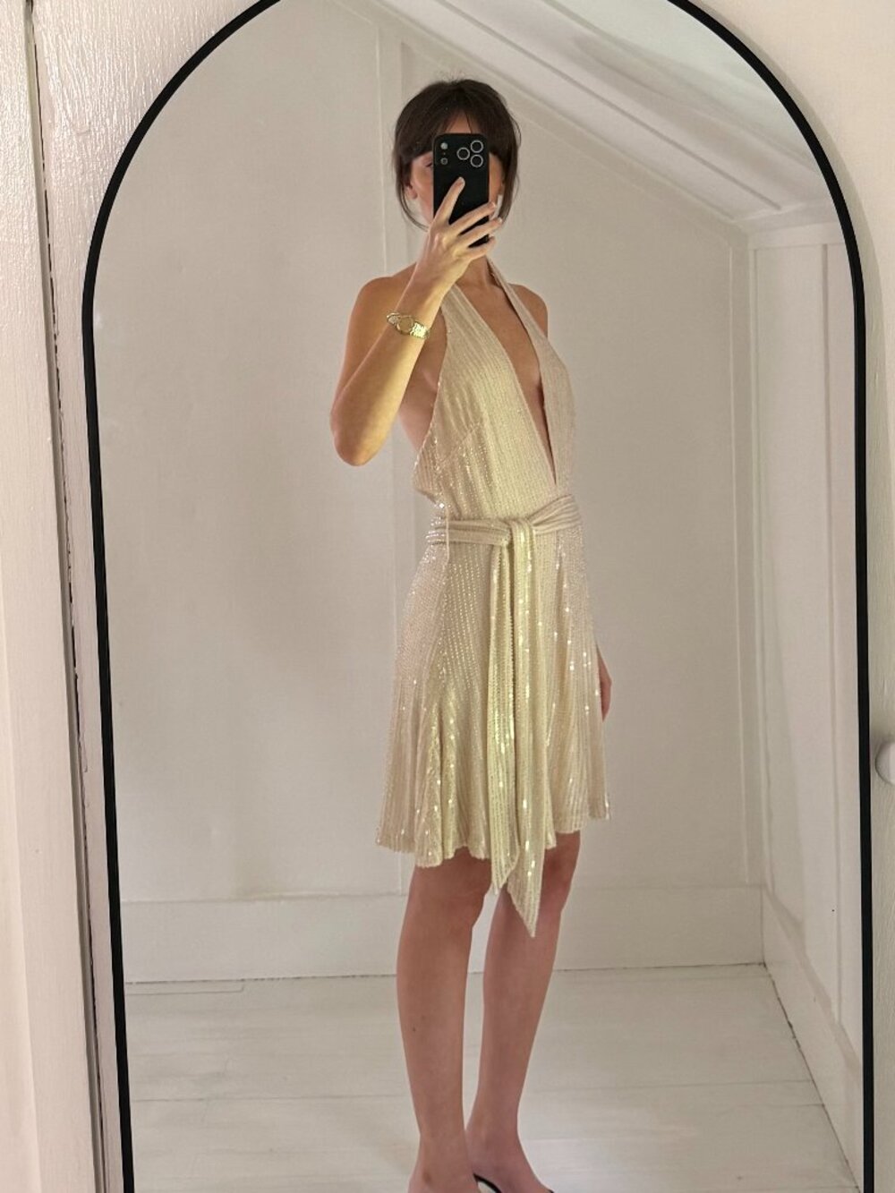 Misha Collection Tia Beaded Halter Neck Mini Dress in Champagne NWT Size 6 $460